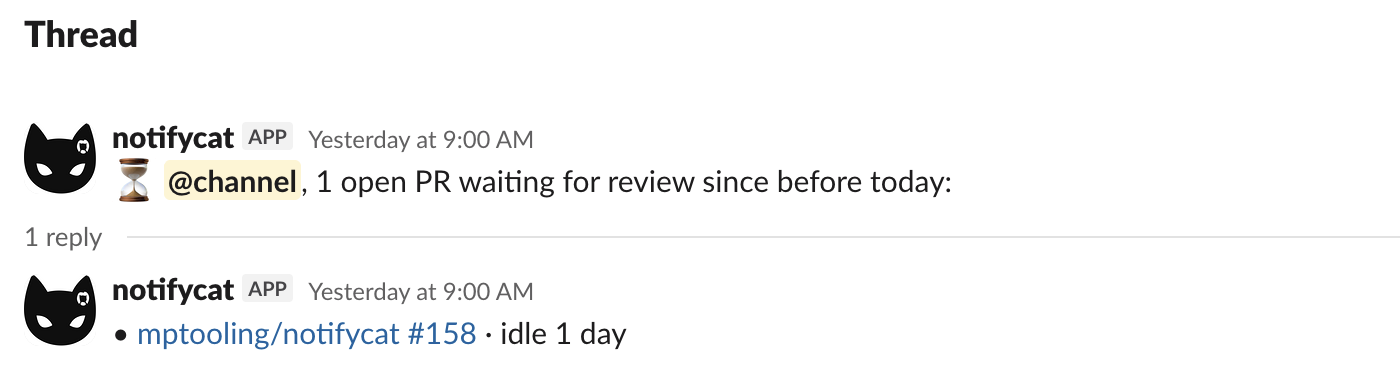 Morning digest message with the stuck-PR list in its thread
