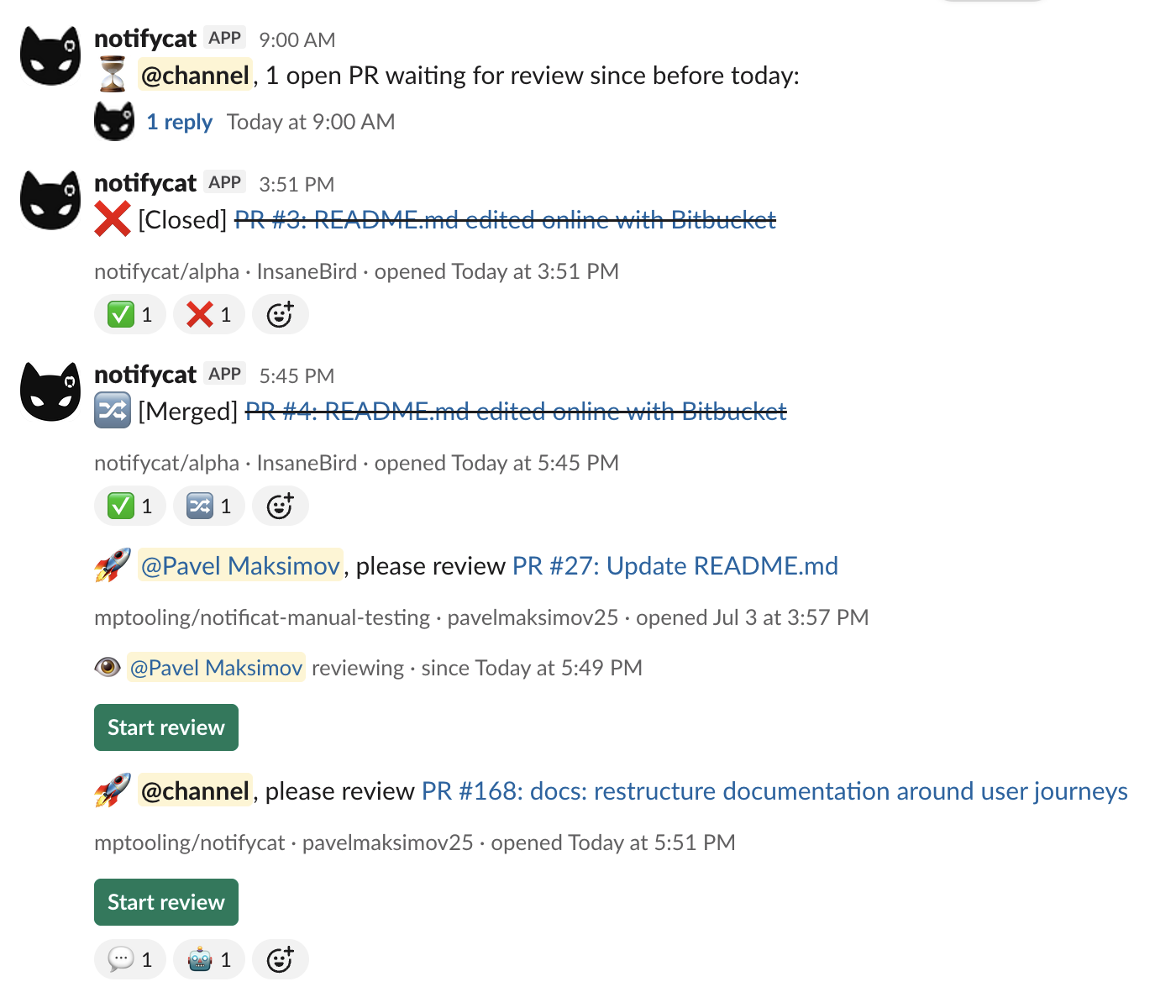 A Slack channel where every pull request is one message: the morning digest, a closed and a merged PR struck through, a PR under review with an :eye: marker and Start review button, and a fresh announcement
